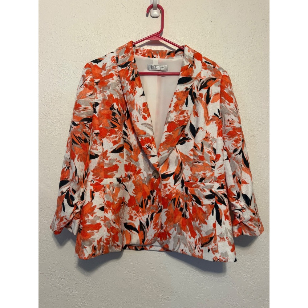 Kasper Womens Orange Floral Print Single Button Blazer Ruched 3/4 Sleeve Jacket